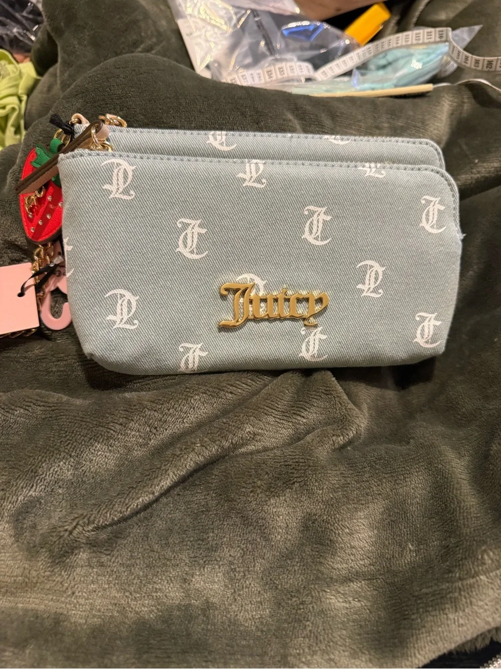 Juicy Couture Light Blue Denim Monogram Double Zip Wristlet with Charms NWT